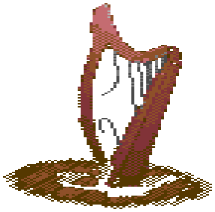 A broken harp lit by a spotlight.