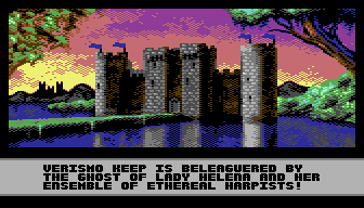 Animation showing Verismo Keep with blue flags waving on top of its towers. The text below says 'Verismo Keep is beleaguered by the ghost of Lady Helena and her ensemble of ethereal harpists!'