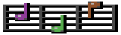 Three colored notes on a dark gray staff.
