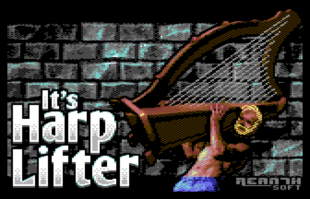 The title screen displays 'It's Harp Lifter' in large white letters against a rough brick wall. To the right, the eponymous Harp Lifter can be seen, carrying a massive harp.