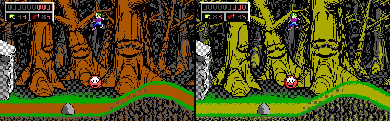 A double screenshot from Commander Keen 4. The version on the left shows the game in its regular EGA colors. The version on the right shows the game with the brown color replaced by the dark yellow that EGA would have used without the manual color correction. The right version looks rather hideous.