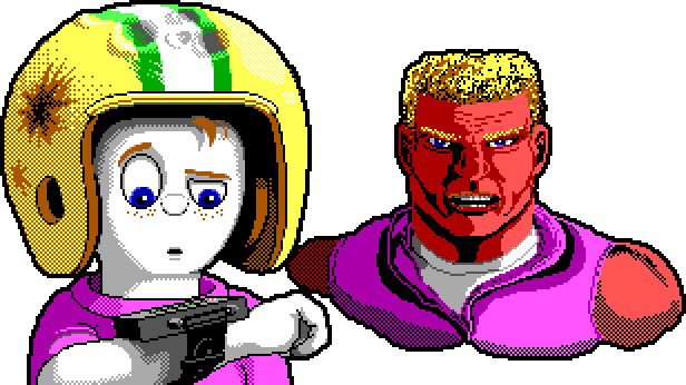Portraits of Commander Keen and Duke Nukem. Keen looks deathly pale, while Duke seems to have a severe sunburn.