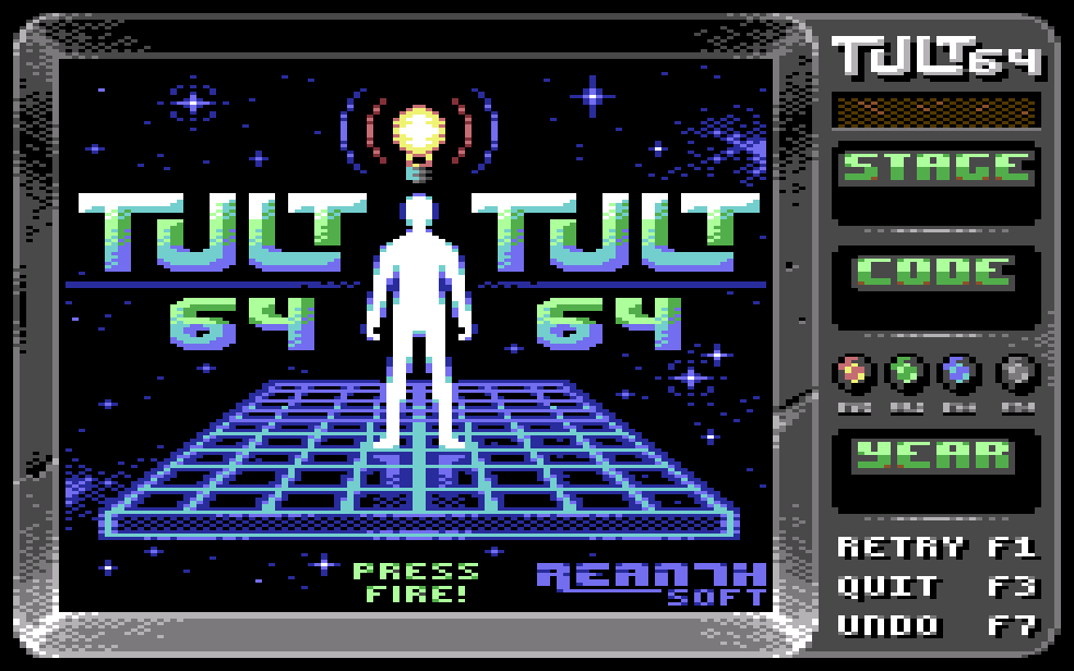 TULT 64's title screen shows a glowing silhouette of a person standing on a blue grid in space. A light bulb hovers above their head.